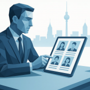 Illustration eines Geschäftsmanns, der auf einem Tablet nach Executive Coaches in Deutschland sucht, mit Berliner Skyline im Hintergrund