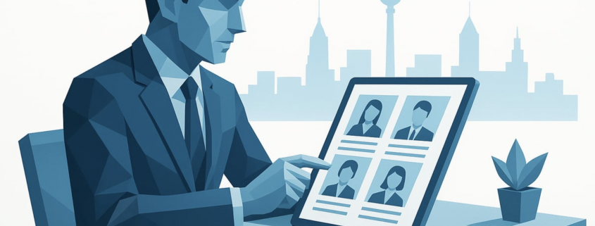 Illustration eines Geschäftsmanns, der auf einem Tablet nach Executive Coaches in Deutschland sucht, mit Berliner Skyline im Hintergrund