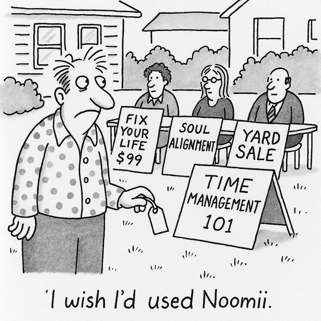 Funny Noomii Cartoon About the Struggle of Finding a Coach Hand drawn cartoon of a confused man at a chaotic yard sale where life coaches offer services like Fix Your Life $99 and Time Management 101, captioned I wish I had used Noomii.