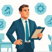 Ilustración de un mando intermedio en una oficina revisando un plan estratégico con iconos flotantes de crecimiento, gestión y productividad, representando la autoevaluación profesional.