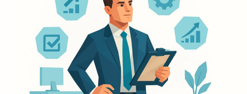 Ilustración de un mando intermedio en una oficina revisando un plan estratégico con iconos flotantes de crecimiento, gestión y productividad, representando la autoevaluación profesional.