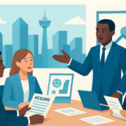 Professionelles Bewerbungscoaching in einem Büro in Calgary mit Blick auf den Calgary Tower; ein Karriereberater bespricht Strategien und analysiert einen Lebenslauf (Resume) mit Klienten.