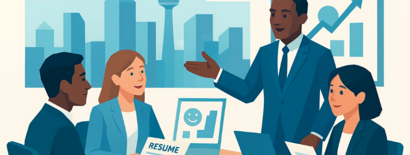 Professionelles Bewerbungscoaching in einem Büro in Calgary mit Blick auf den Calgary Tower; ein Karriereberater bespricht Strategien und analysiert einen Lebenslauf (Resume) mit Klienten.