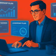 "رسم توضيحي لمدرب تنفيذي يستخدم أدوات الذكاء الاصطناعي على الحاسوب لإدارة خطط القيادة، وجداول ورش العمل، وتحليل ملاحظات الفريق بكفاءة لزيادة الإنتاجية."