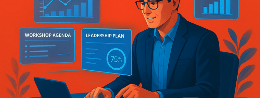 "رسم توضيحي لمدرب تنفيذي يستخدم أدوات الذكاء الاصطناعي على الحاسوب لإدارة خطط القيادة، وجداول ورش العمل، وتحليل ملاحظات الفريق بكفاءة لزيادة الإنتاجية."