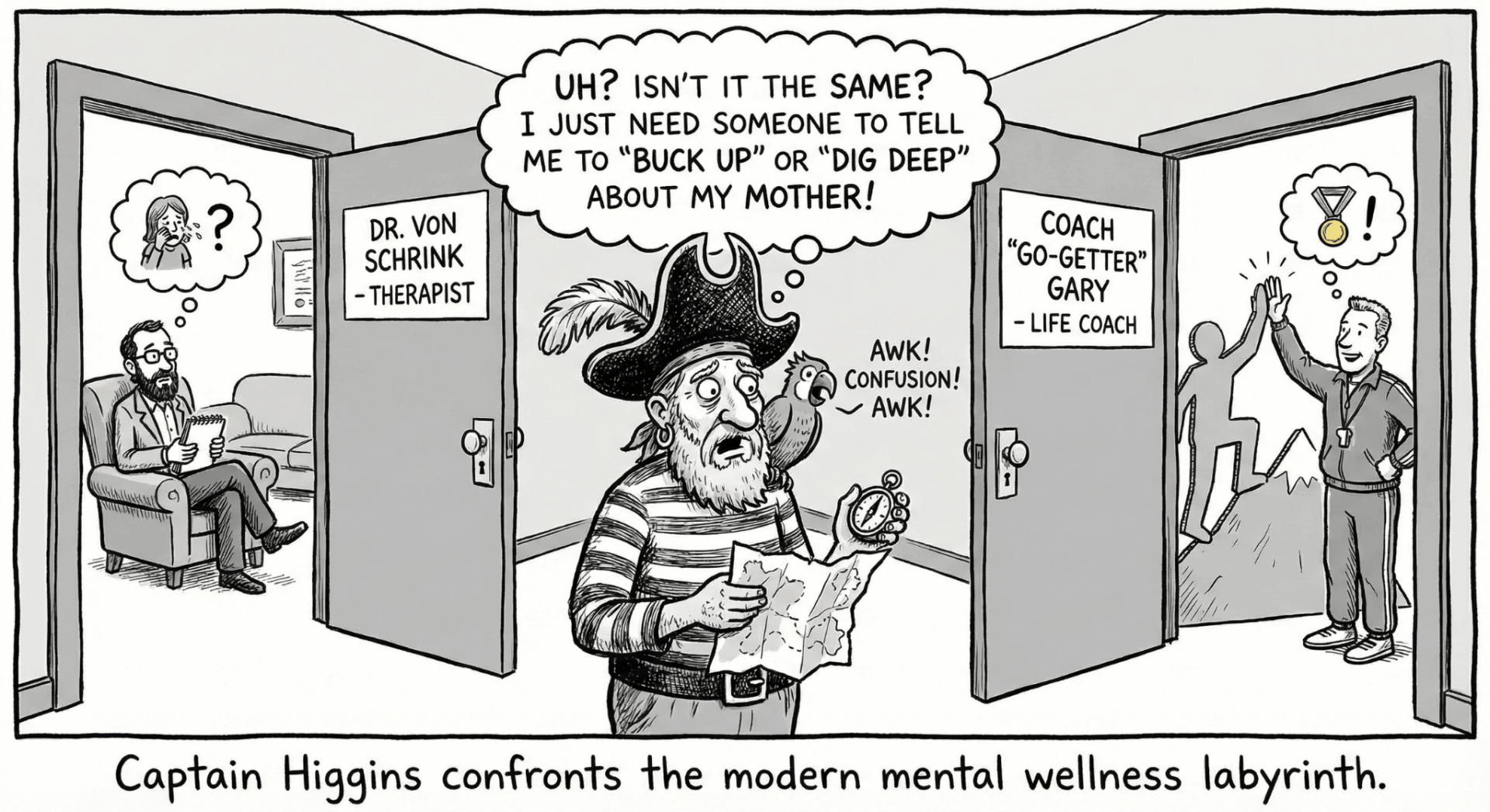 Cartoon illustration showing a confused person choosing between a therapist and life coach, highlighting common confusion about mental wellness roles