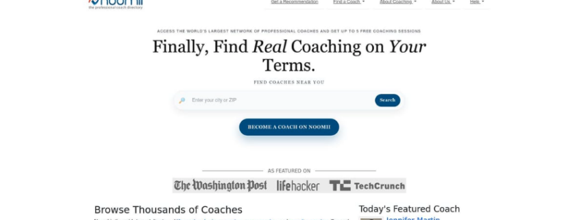 Captura de pantalla de la página de inicio de Noomii, el directorio de coaches profesionales, mostrando la barra de búsqueda para encontrar un coach y la sección de coaches destacados.