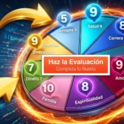 Rueda de la Vida dividida en áreas como salud, carrera, amor y familia, con puntajes del 1 al 10 y un botón para hacer la evaluación