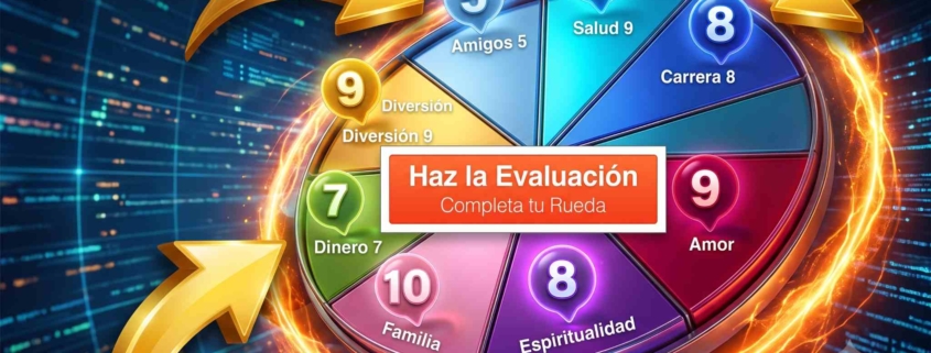Rueda de la Vida dividida en áreas como salud, carrera, amor y familia, con puntajes del 1 al 10 y un botón para hacer la evaluación